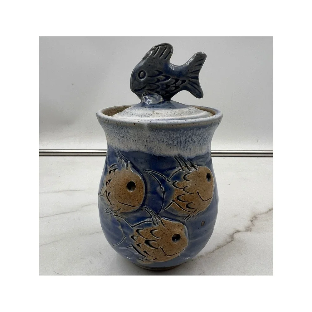 Studio Pottery Fish Canister Blue Glazed Stoneware Nautical Jar with Lid
